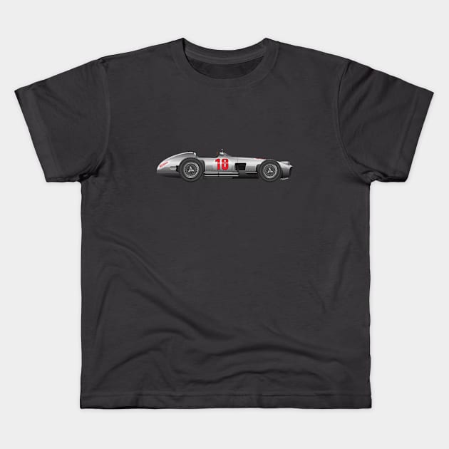 Juan Manuel Fangio Mercedes Benz W196 Formula1 Kids T-Shirt by Burro Wheel